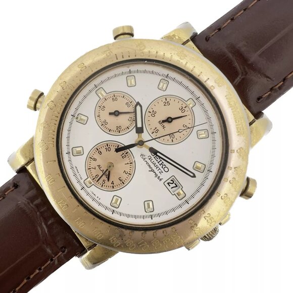 Vintage Seiko Men's Quartz Chronograph Wristwatch 7T32-7A8A w Salmon Sub Dials - Picture 5 of 11